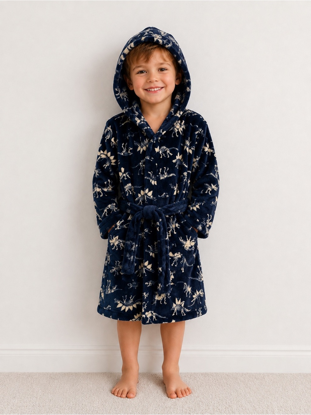 Cuddl Duds Navy Plush Kids Hooded Robe with Cream Dinosaur Print
